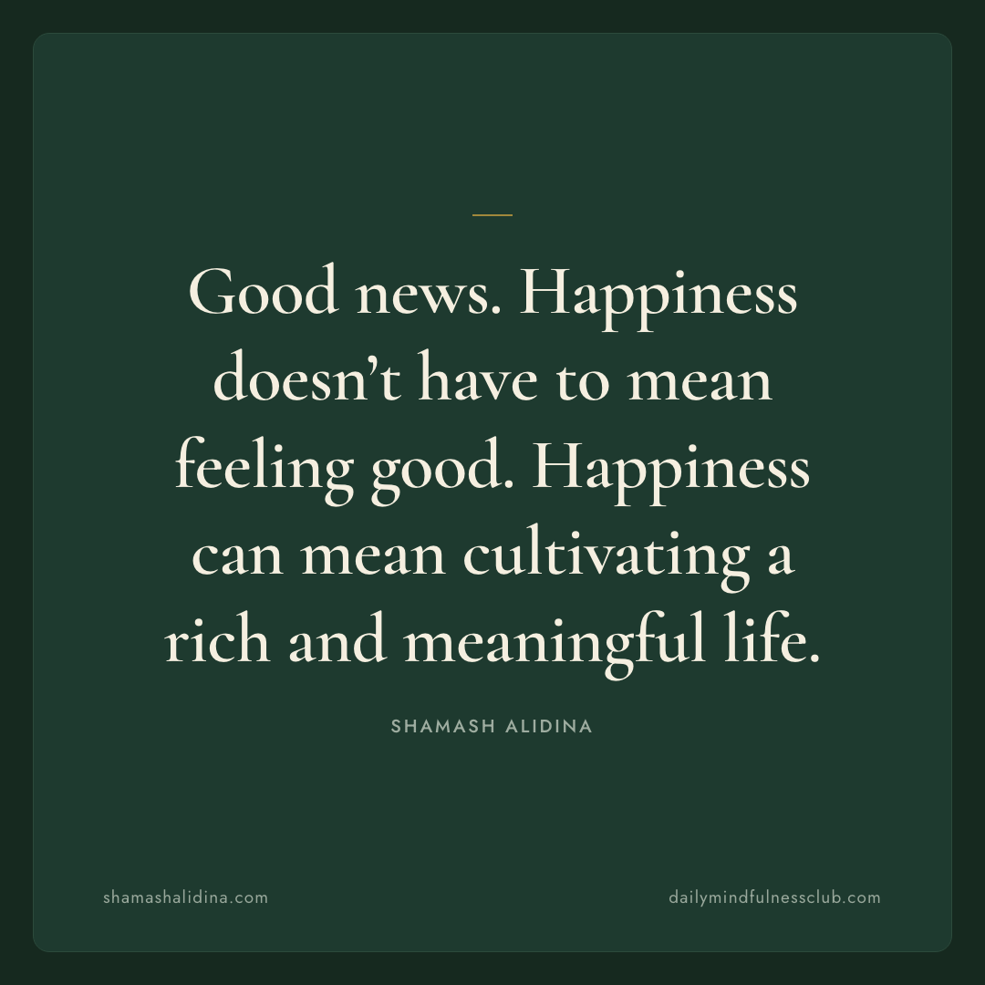 Good news. Happiness doesn’t have to mean feeling good. Happiness can mean cultivating a rich and meaningful life. - act quotes, Shamash Alidina
